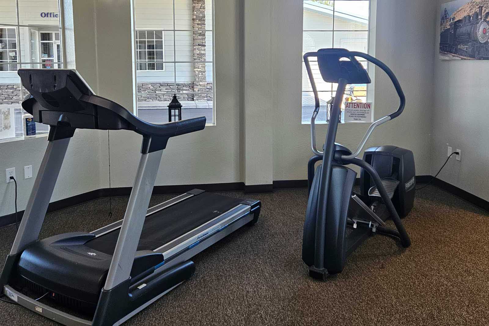 Indoor exercise equipment at Sparks Marina RV Park including cardio machines and weights for guest fitness routines
